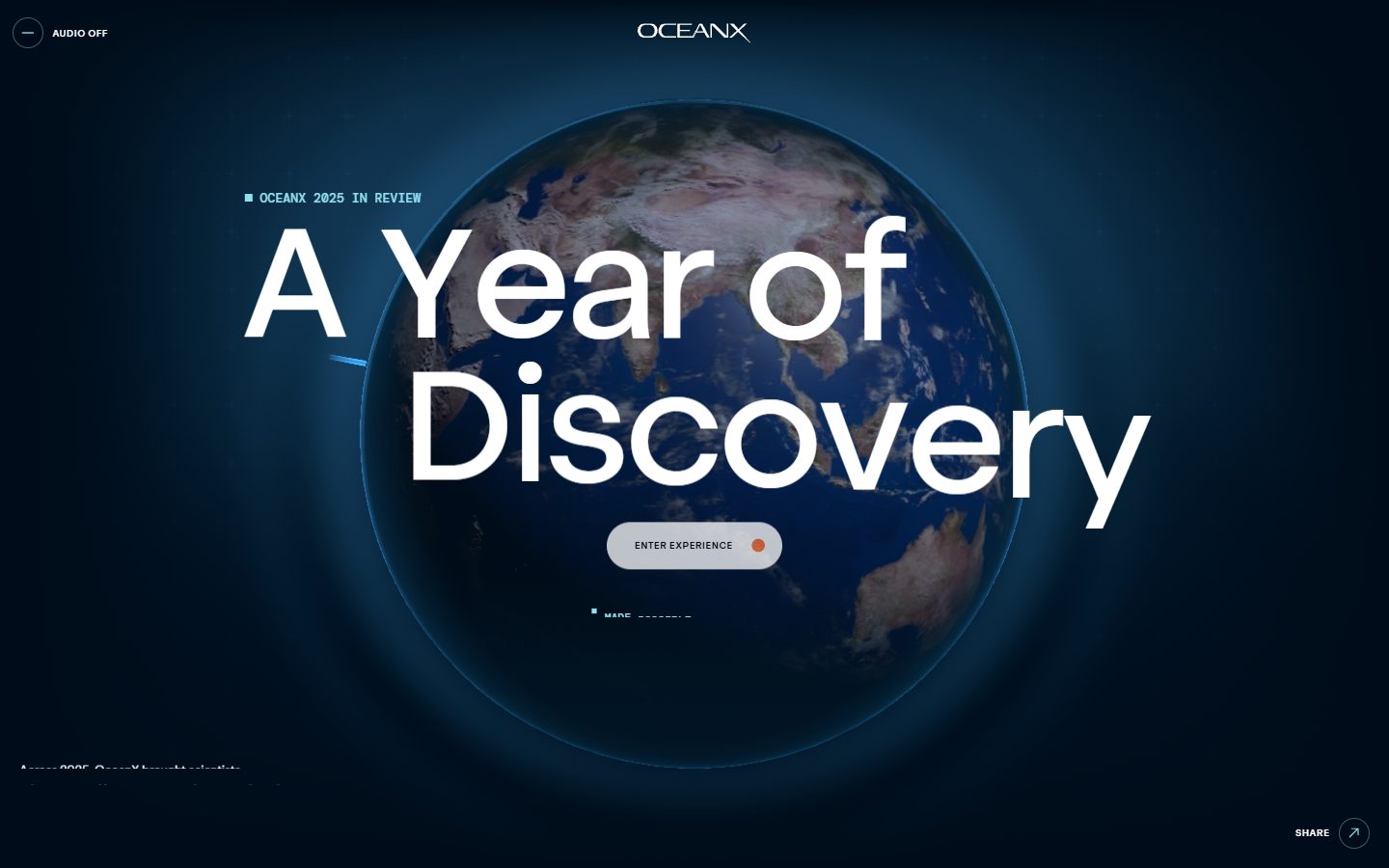 OceanX 2025 Year in Review — a globe over a deep-sea blue field
