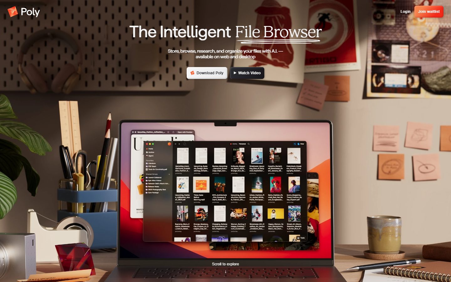 Poly — the intelligent file browser, shown on a laptop on a sunlit desk